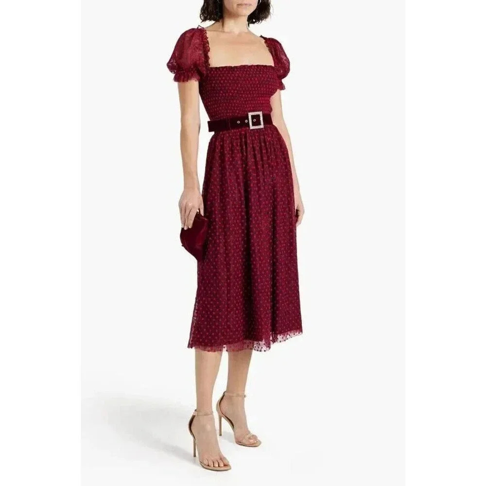 Rebecca Vallance Midnight Kiss Flocked Burgundy Polka Dot Midi Dress Size 6
